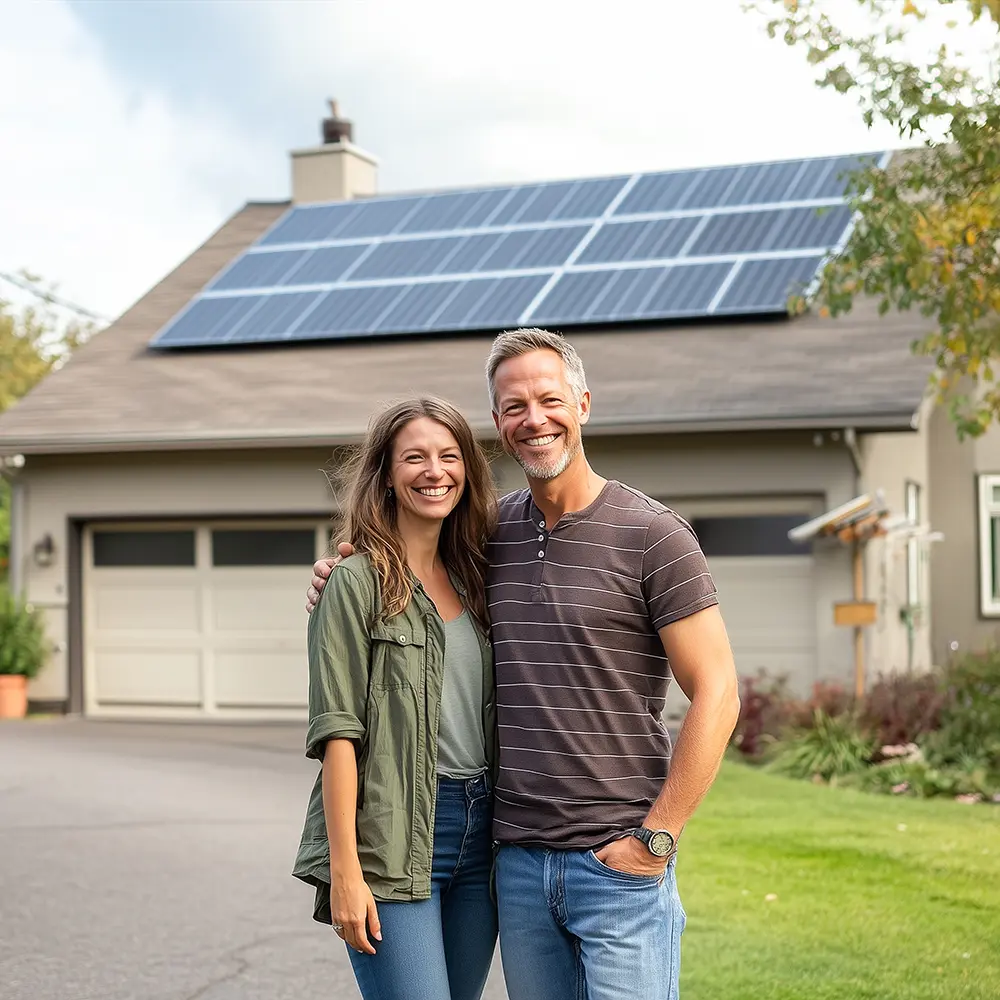 couple in front of home with soalr panels